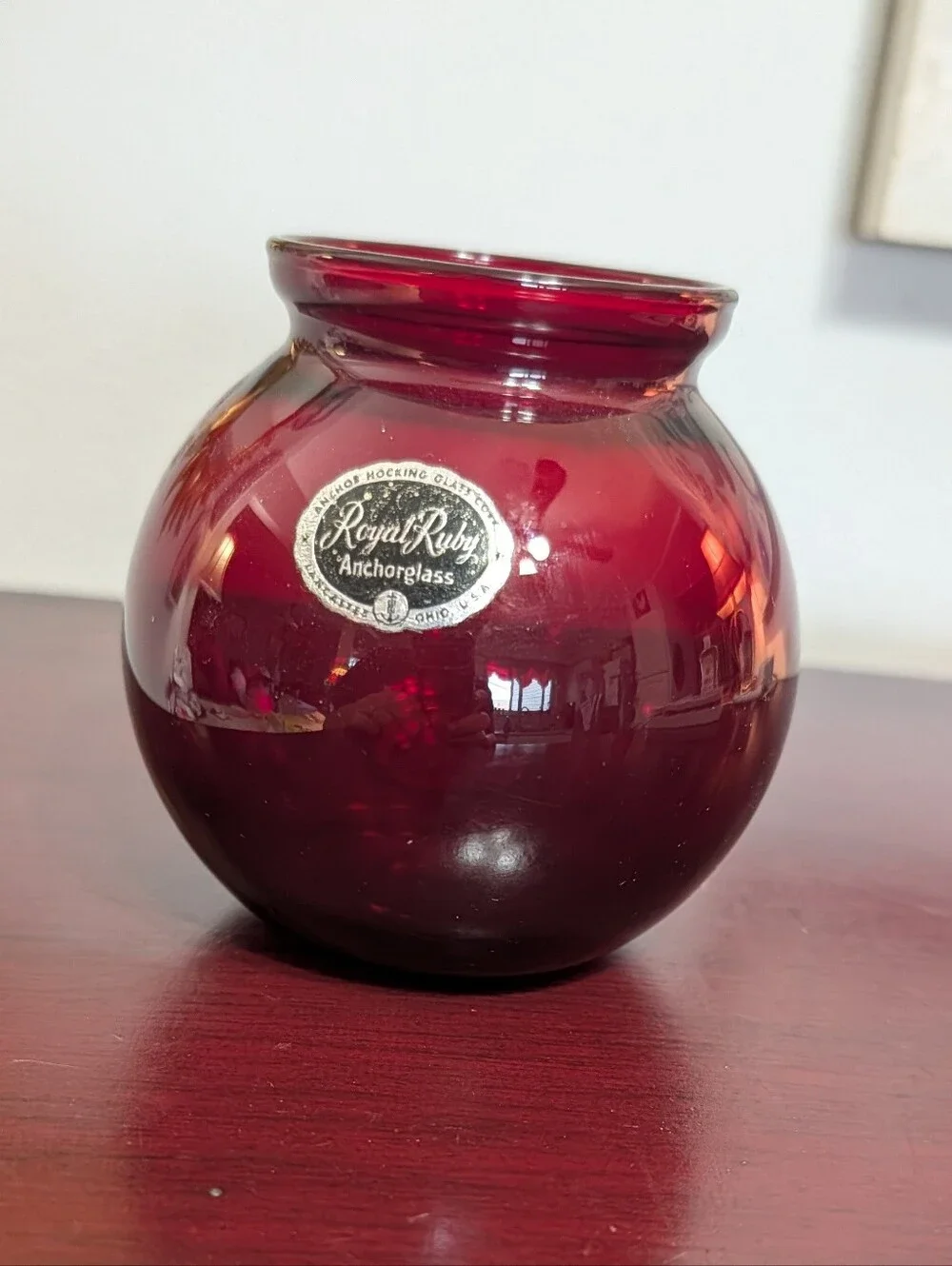 Vintage Mid Century MCM Royal Ruby Red Glass Ball Vase Anchor Hocking Sticker